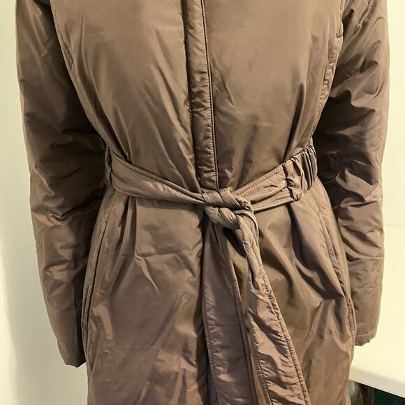 DKNY Brown Puffer Trench Coat Belted High Collar Women S Faux Fur Insulate Soft - Picture 5 of 10